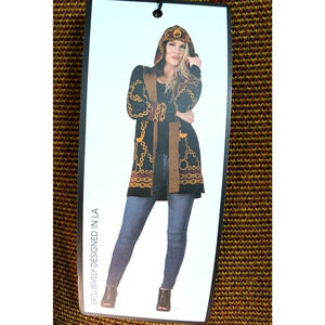 Maxsport Womens Sweater Coat Cardigan Hooded Black Gold Chain Pattern